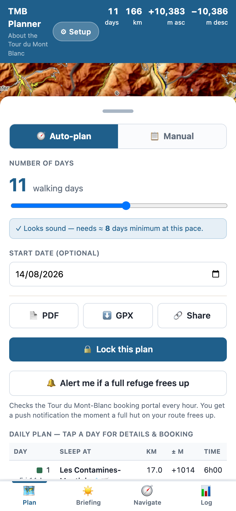 Planning screen: an 11-day Tour du Mont Blanc with live hut availability